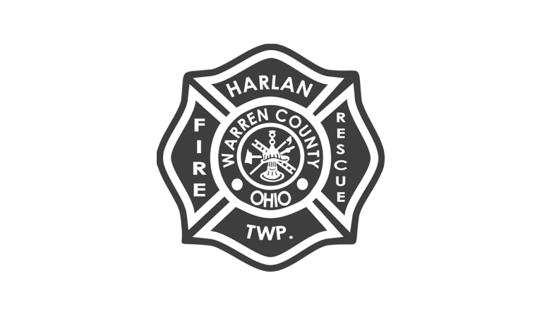 A black and white emblem for Harlan Township Fire Rescue in Warren County, Ohio. The emblem features a cross design with "Harlan Fire Rescue Twp." on the arms and "Warren County Ohio" in a central circle with firefighting symbols.