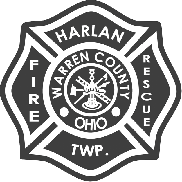 A black and white emblem for the Harlan Township Fire Rescue in Warren County, Ohio. The emblem features a central firefighting symbol, including axes and a hydrant, with surrounding text indicating the service name and location.